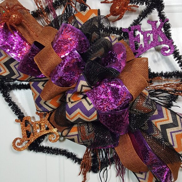 Halloween Orange Black Purple Glittered EEK Black Tinsel Spider Web Wreath - Picture 12 of 12